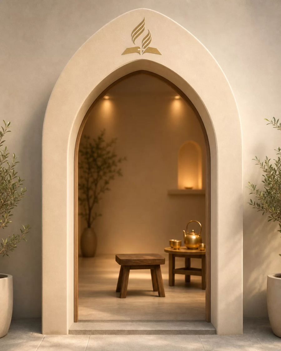 Chapel doorway with tea ceremony